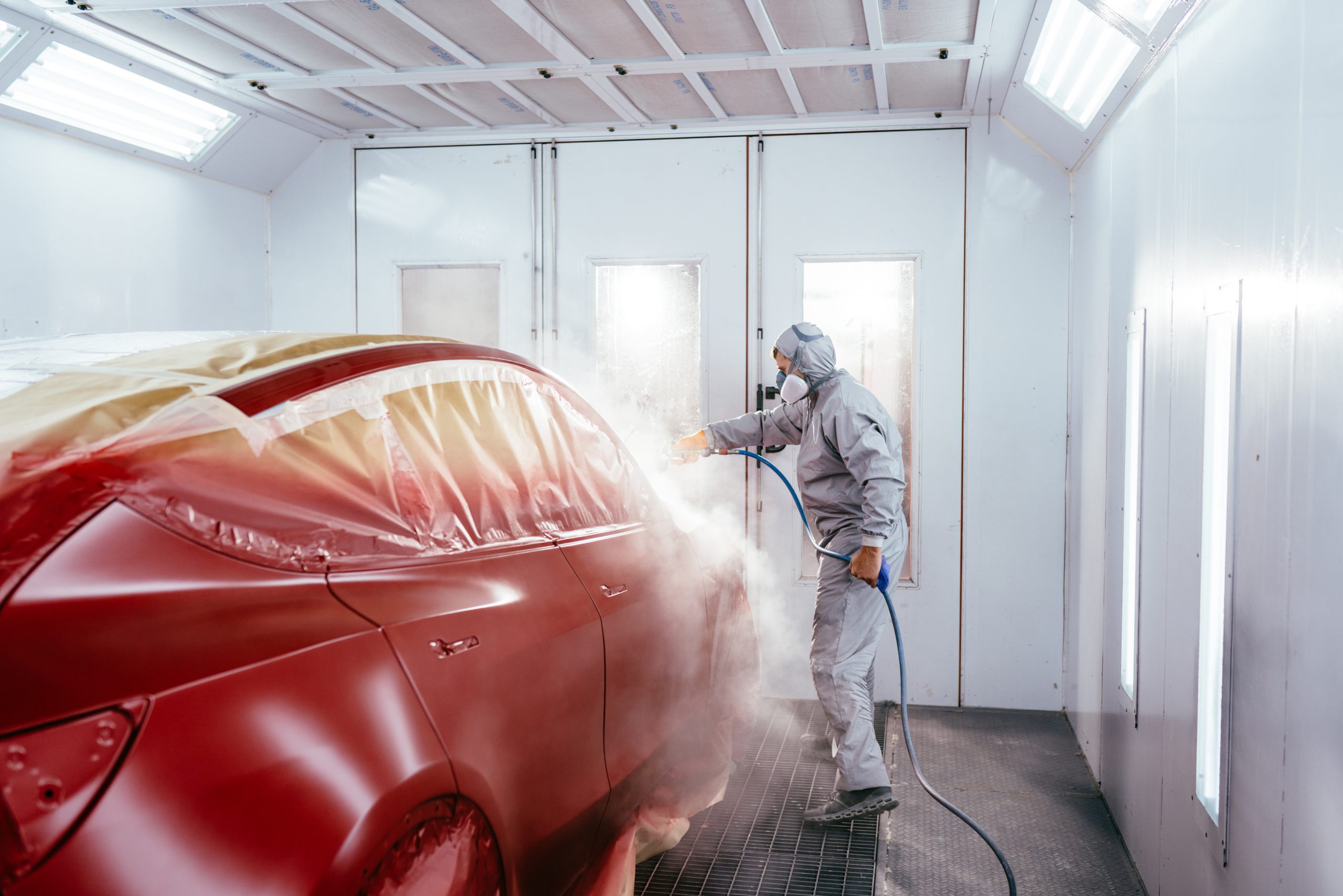 The paint booth airflow in this automotive spray paint booth is tightly controlled using Air Monitor products.